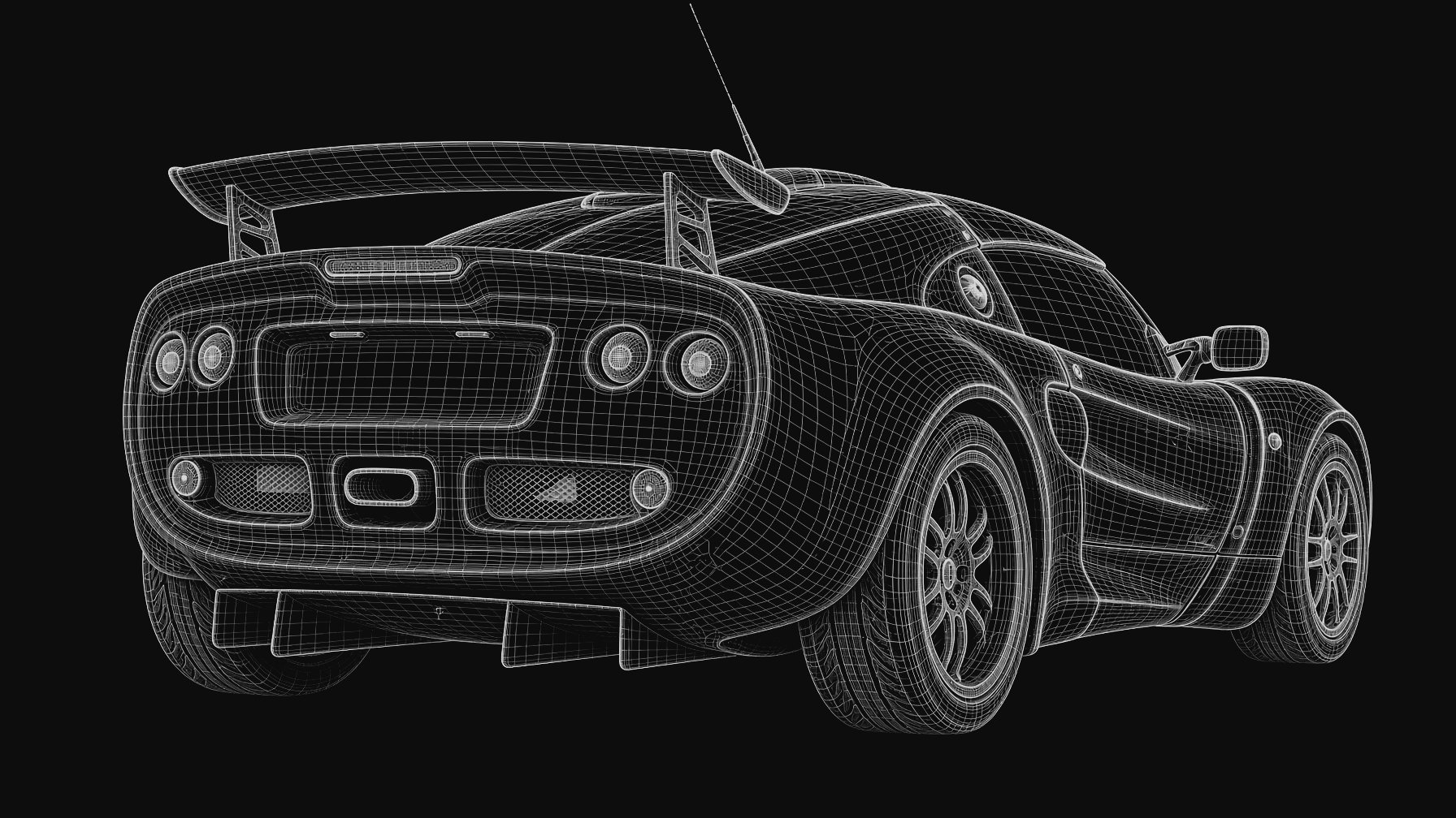 Technical wireframe rear three-quarter study of the Exige S1 bodywork